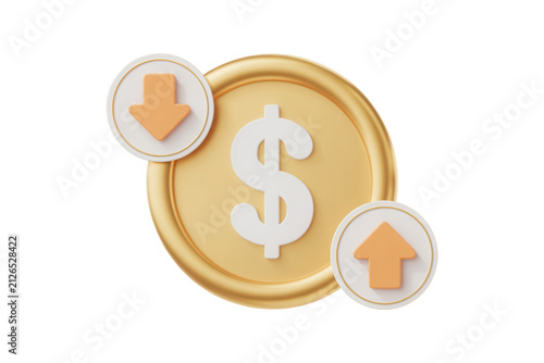 3D dollar coin with up and down arrows. Financial market volatility and currency icon.