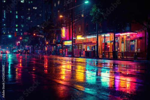 The neon reflections flooded the city street at night.