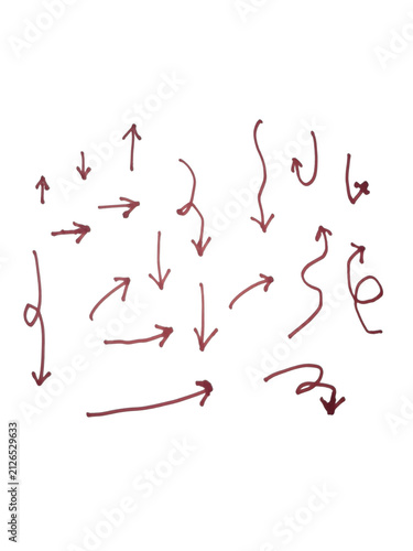 Set of hand drawn maroon arrows on a plain background