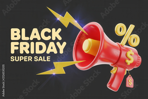 Black Friday sale banner with 3D megaphone. Discount promotion with percent and dollar sign.