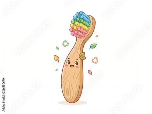 Cute wooden toothbrush with colorful bristles and smiling face