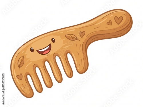 Cute cartoon wooden comb with smiling face and heart decorations