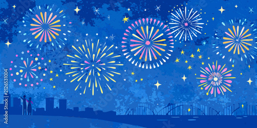 Canvastavla Colorful fireworks display vector illustration against a deep blue speckled nigh