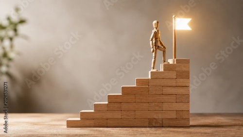 Wooden mannequin climbing up stairs to reach glowing flag symbolizing success and achievement.