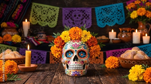 Day of the Dead altar with sugar skull, marigolds, and candles, festive celebration of deceased loved ones day of the dead celebration