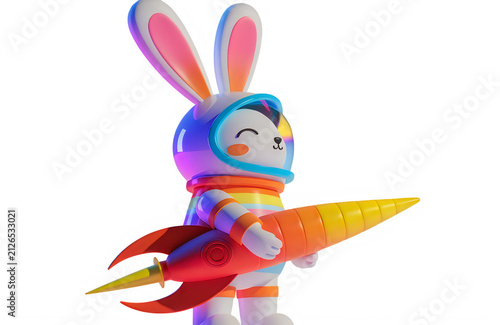 Cute rabbit in astronaut suit holding a carrot rocket isolated on transparent background