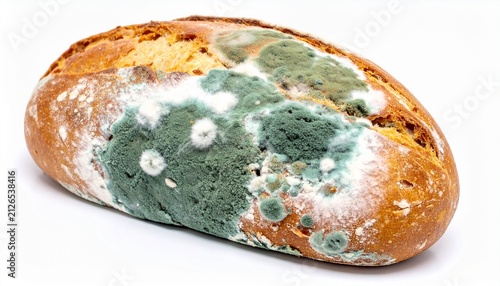 Moldy loaf of bread covered in green and white fungus isolated on white background