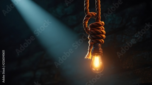 Glowing Light Bulb Hanging from Rustic Rope Symbolizing Hope, Creativity and New Ideas