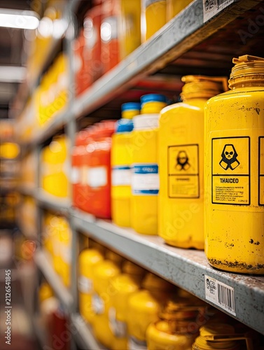 Hazardous Yellow Chemical Containers with Warning Symbols on Shelf