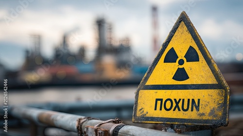 Defiant Radiation Warning Sign in Gritty Industrial Landscape