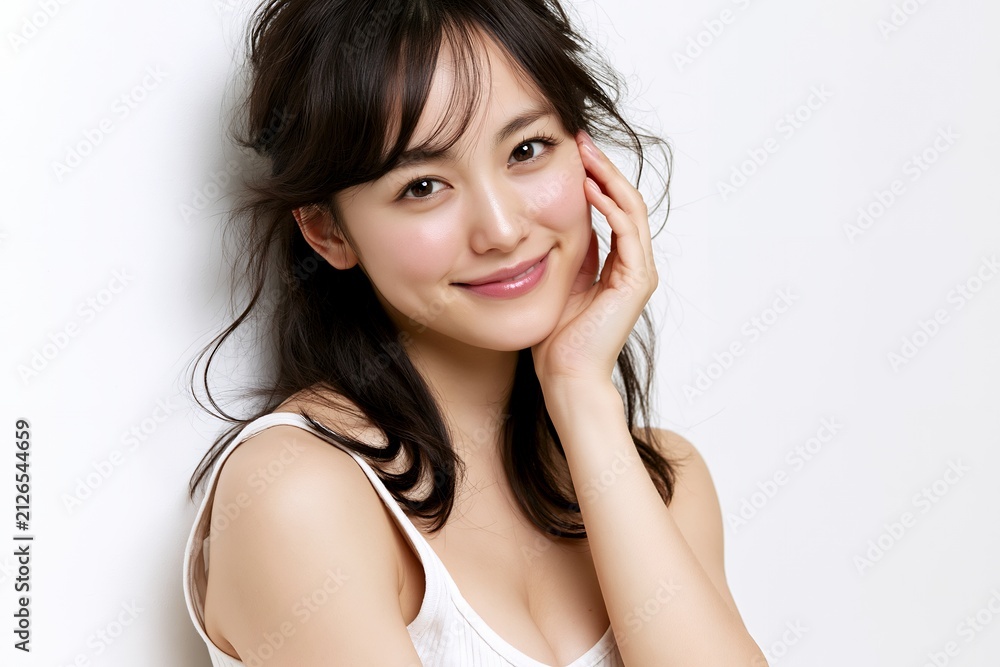Fototapeta premium 白い壁をバックに自然体で微笑む美しい日本人女性のポートレート
