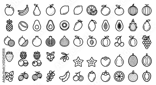 Healthy Fruits Editable Monoline Icon Set with Whole and Sliced Fruit Vector Collection