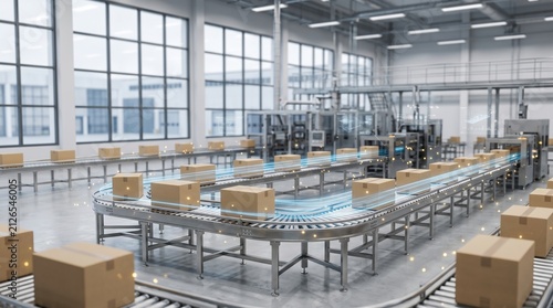 Automated conveyor belt system moving cardboard boxes in modern smart warehouse factory with glowing blue digital light trails for logistics concept.