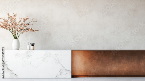 Marble Reception Desk With Bronze Feature Wall Premium Execut Alternate Marble Perspective, elegant marble reception desk, luxury welcome counter, premium commercial interior