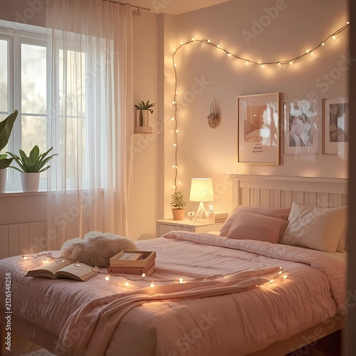 Cozy Pastel Bedroom Interior with Fairy Lights