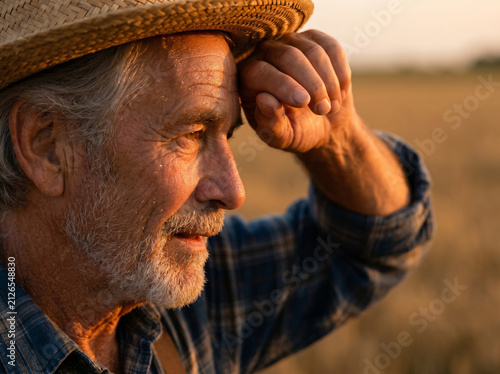 Elderly farmer in straw hat at sunset in rural field