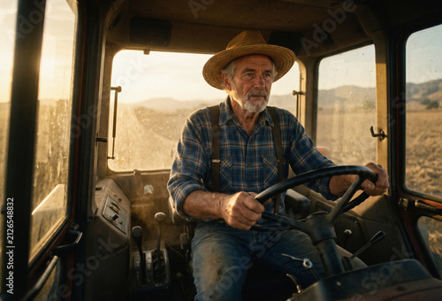 Senior farmer driving tractor cab at sunset in rural field