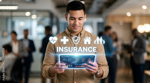 Professional man using digital tablet with insurance icons in office