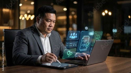 Focused Asian businessman managing digital tasks through a futuristic holographic interface while working late at a desk in a modern corporate office setting