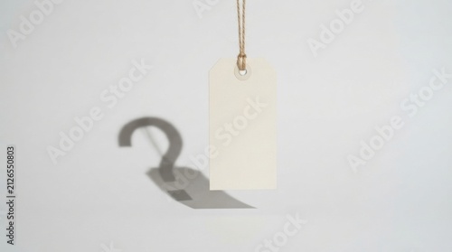 Blank hanging tag with question mark shadow for conceptual branding background and product label mockup