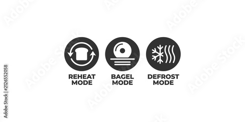 Round appliance icons for toast reheat bagel and defrost modes with text labels.