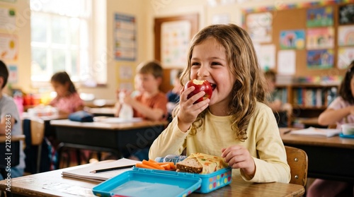 Commercial portrait photography of a cute young schoolgirl holding a whole-wheat sandwich at her classroom desk during lunch break – healthy school meals, back-to-school nutrition, happy childhood, an