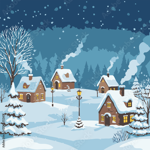 Winter wonderland village scene with cozy homes in snow. Snow covered houses illuminated by warm lights with snow falling at night.