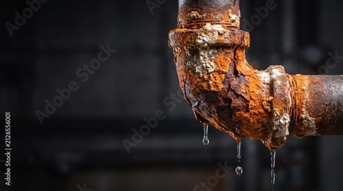 Old rusty metal pipe joint with severe corrosion leaking water drops in dark background for plumbing repair and maintenance concept.