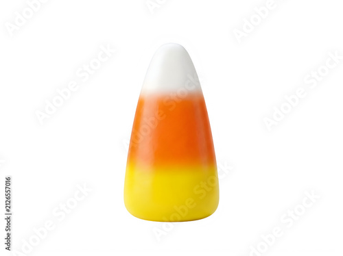 A single piece of traditional tri colored candy corn isolated against a plain white background for autumn holiday and seasonal celebration themes