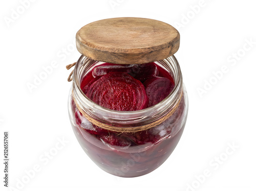 A glass jar filled with sliced pickled red beets featuring a rustic wooden lid isolated against a solid black background for food photography