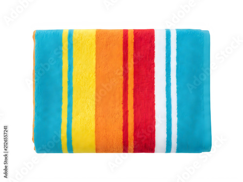 A vibrant rectangular beach towel featuring a bold vertical striped pattern in bright shades of turquoise yellow orange red and white colors