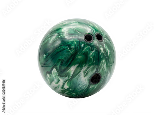 A shiny green and white marbled bowling ball with three finger holes isolated against a solid black background for sports equipment photography