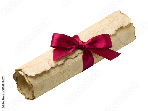 An antique parchment scroll with rough edges tied neatly with a vibrant dark pink satin ribbon isolated against a solid black background