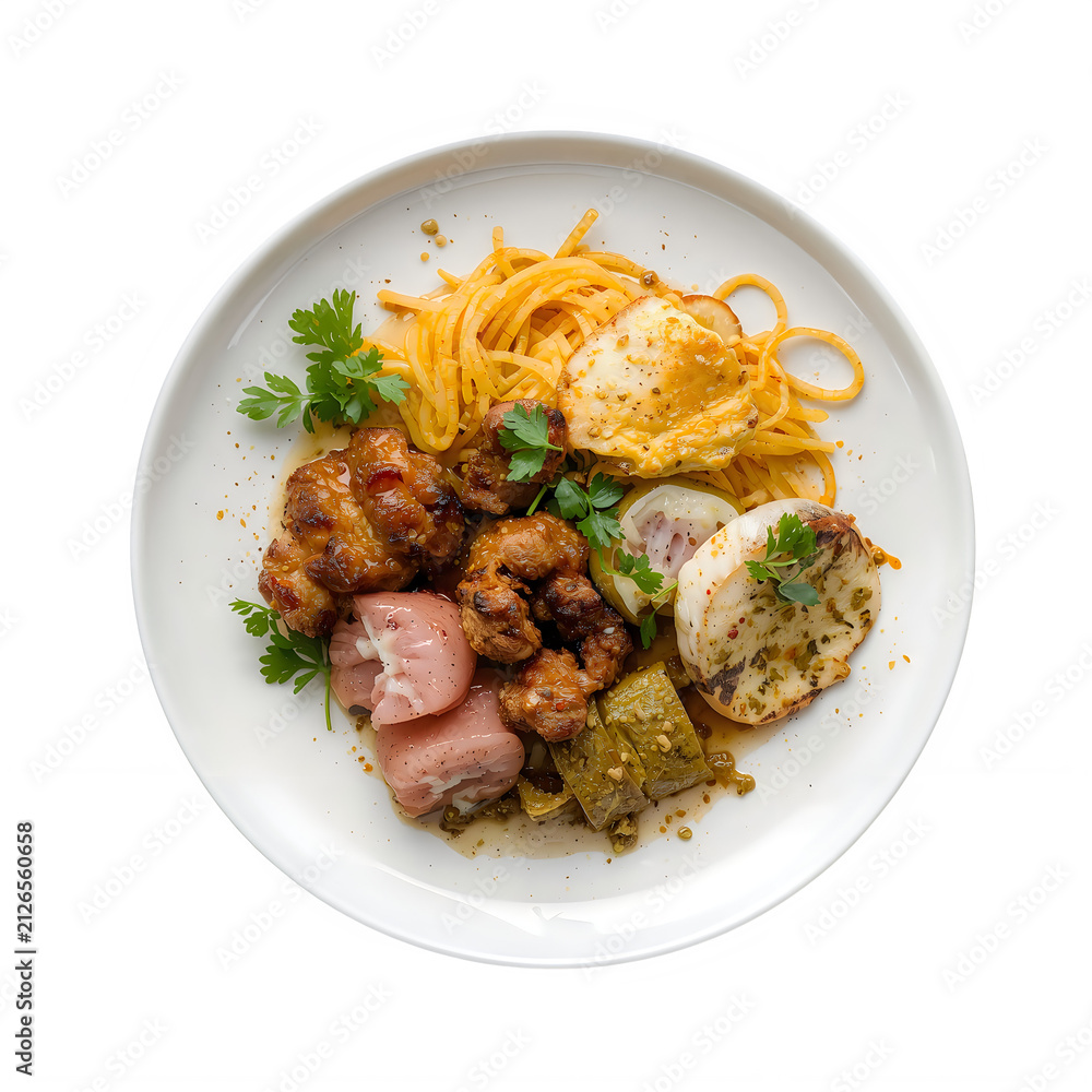 Fototapeta premium Delicious beef and vegetable rice dish on plate cutout letter