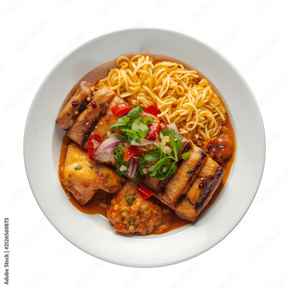Fototapeta premium Delicious chicken and rice dish on white plate cutout letter