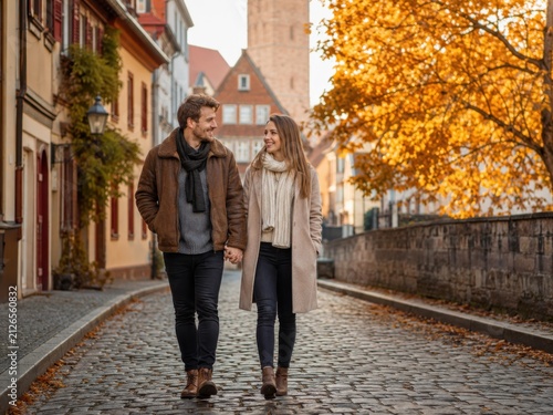 Junges Paar spaziert Hand in Hand durch eine historische Altstadt im Herbst. Goldene Bäume und warmes Licht schaffen eine romantische Atmosphäre in Deutschland.