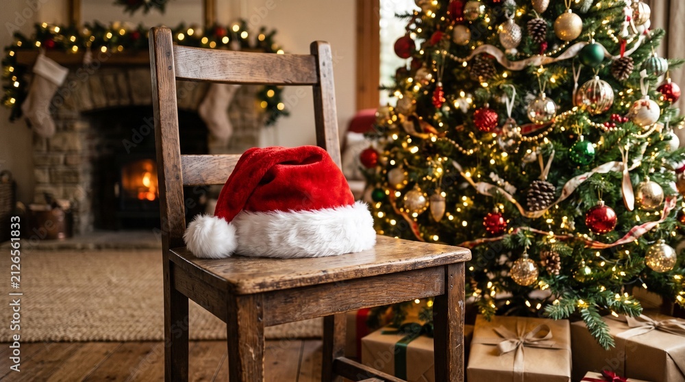 Fototapeta premium Cozy Christmas Scene with Santa Hat on Chair by Fireplace and Decorated Tree