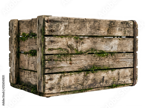 A weathered and rustic wooden crate featuring aged planks with visible moss growth isolated against a solid black background for easy graphic design