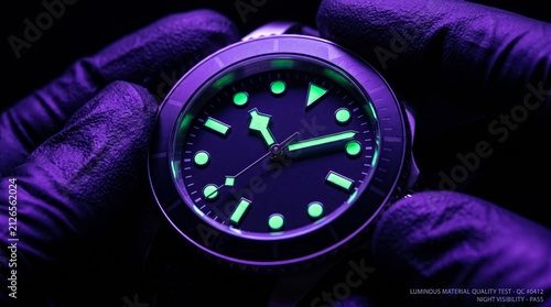 Gloved watchmaker inspects a luminous wristwatch dial glowing green under ultraviolet light. Concept horology, quality control, repair service, luxury advertising and editorial. Generative AI.