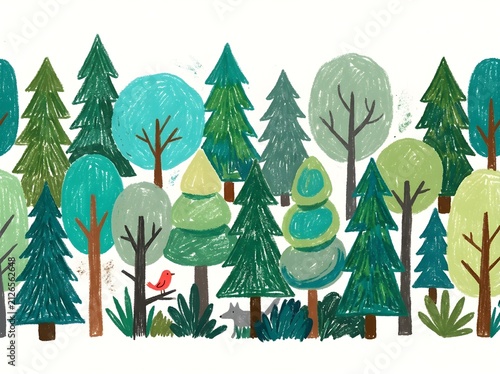 Cute Seamless Crayon Forest Pattern with Trees Bird and Wolf