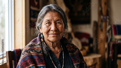 Elderly Indigenous Woman Portrait: A wise and dignified elderly Indigenous woman with weathered features and traditional adornments gazes calmly forward.