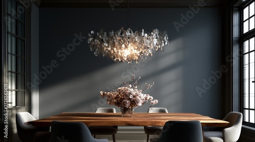 Elegant dining room interior with dark gray walls, classic crystal chandelier and wooden table