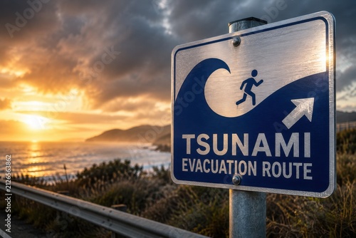 Modern Tsunami Evacuation Route Sign on Coastal Road at Dramatic Sunset for Disaster Preparedness and Emergency Safety