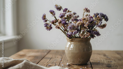 A rustic ceramic vase filled with dried purple and beige statice flowers sitting on a weathered wooden table in a bright room interior