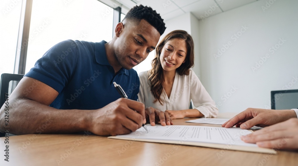 Obraz premium Young couple signing bank mortgage loan contract agreement documents during business meeting with financial advisor broker for buying new real estate property in modern bright corporate office.