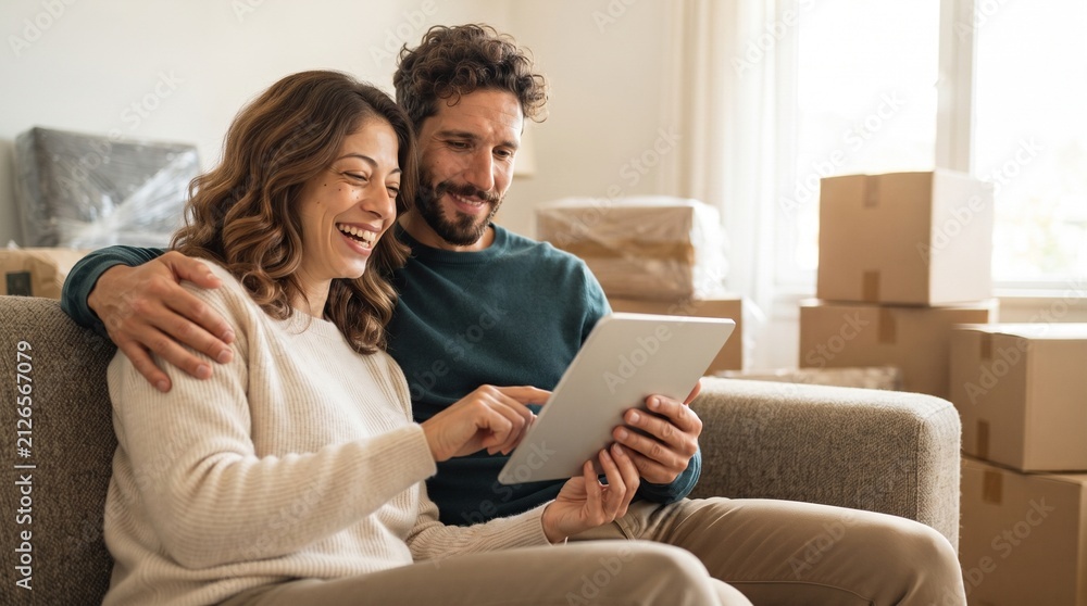 Fototapeta premium Cheerful young couple celebrating mortgage approval online loan confirmation or property purchase using digital tablet on sofa surrounded by cardboard moving boxes in modern new apartment home.