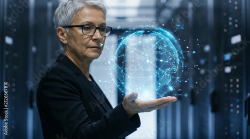 Senior female technology executive holding a glowing digital hologram of the planet earth in a modern server room, representing global network connectivity and data management