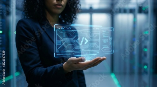 African American female software engineer interacting with a holographic programming interface in a high-tech server room environment representing advanced data management and coding.