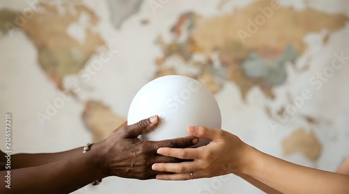 Two hands of different skin tones holding a white globe together against a blurred world map background, symbolizing global unity, cooperation, and international partnership for business and peace.