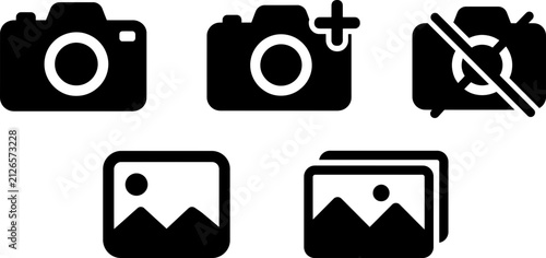Set of camera and photo editing icons with plus and prohibition symbols